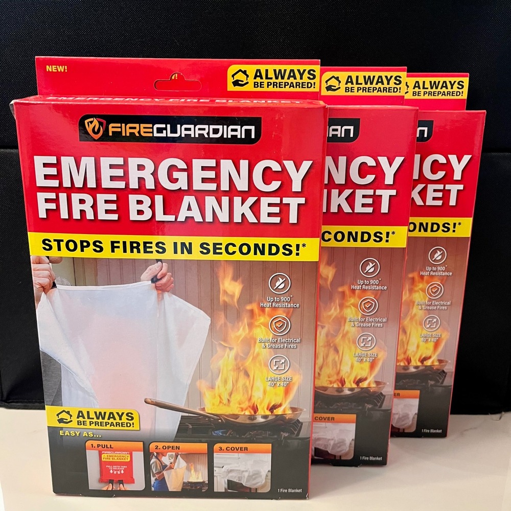 Fire Guardian Emergency Fire Blanket Stops Fires in Seconds 40" x 40" 3 Pack NEW